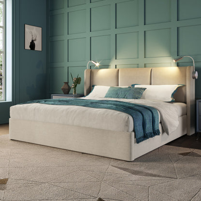 Gestoffeerd Tweepersoons Opbergbed 140x200 cm met Liftfunctie en USB – Modern & Praktisch - Inclusief matras