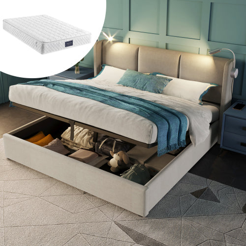 Gestoffeerd Tweepersoons Opbergbed 140x200 cm met Liftfunctie en USB – Modern & Praktisch - Inclusief matras