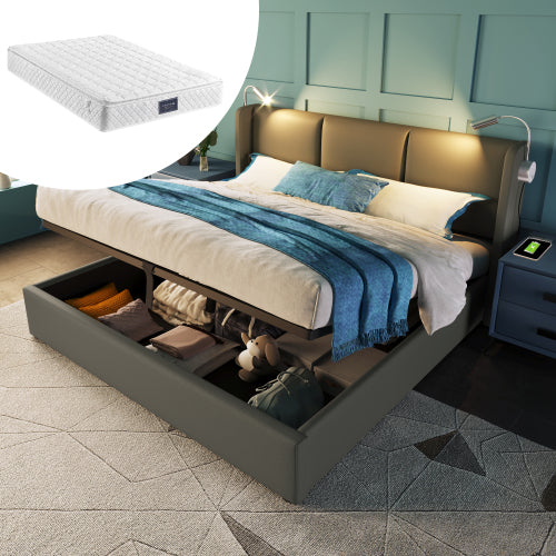 Gestoffeerd Tweepersoons Opbergbed 140x200 cm met Liftfunctie en USB – Modern & Praktisch - Inclusief matras