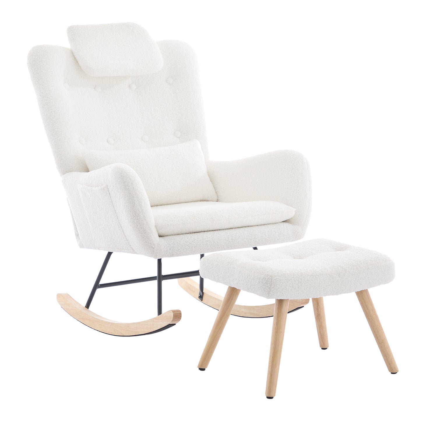 Schommelstoel met Voetenbank in Teddy Stof – Comfortabel & Tijdloos Design