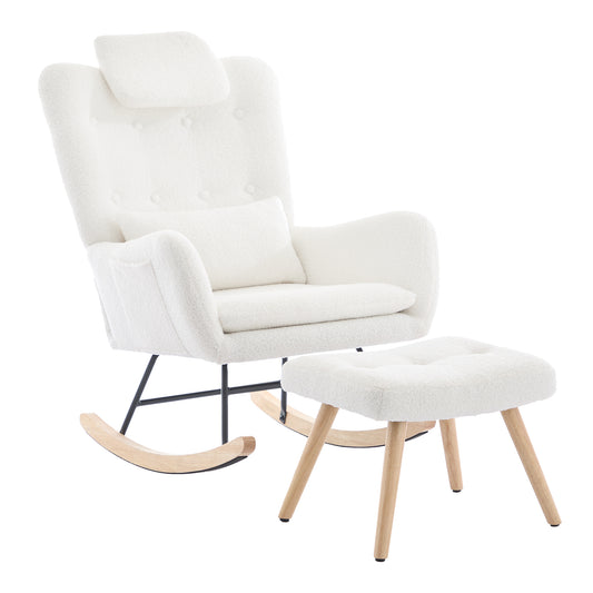 Schommelstoel met Voetenbank in Teddy Stof – Comfortabel & Tijdloos Design