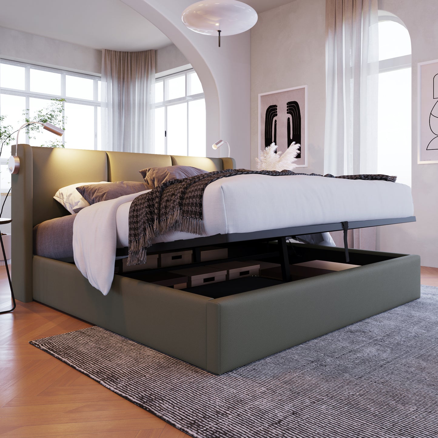 Gestoffeerd Tweepersoons Opbergbed 140x200 cm met Liftfunctie en USB – Modern & Praktisch - Inclusief matras