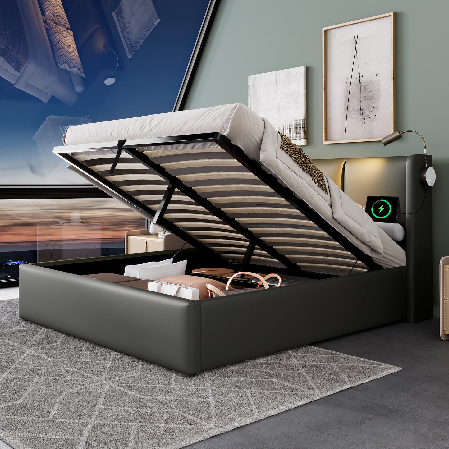 Gestoffeerd Tweepersoons Opbergbed 140x200 cm met Liftfunctie en USB – Modern & Praktisch - Inclusief matras