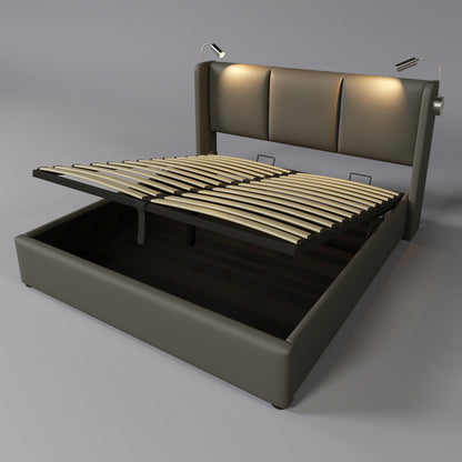 Gestoffeerd Tweepersoons Opbergbed 140x200 cm met Liftfunctie en USB – Modern & Praktisch - Inclusief matras