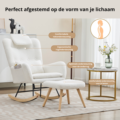 Schommelstoel met Voetenbank in Teddy Stof – Comfortabel & Tijdloos Design