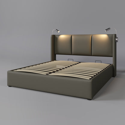 Gestoffeerd Tweepersoons Opbergbed 140x200 cm met Liftfunctie en USB – Modern & Praktisch - Inclusief matras