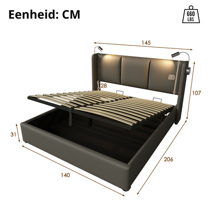 Gestoffeerd Tweepersoons Opbergbed 140x200 cm met Liftfunctie en USB – Modern & Praktisch - Inclusief matras