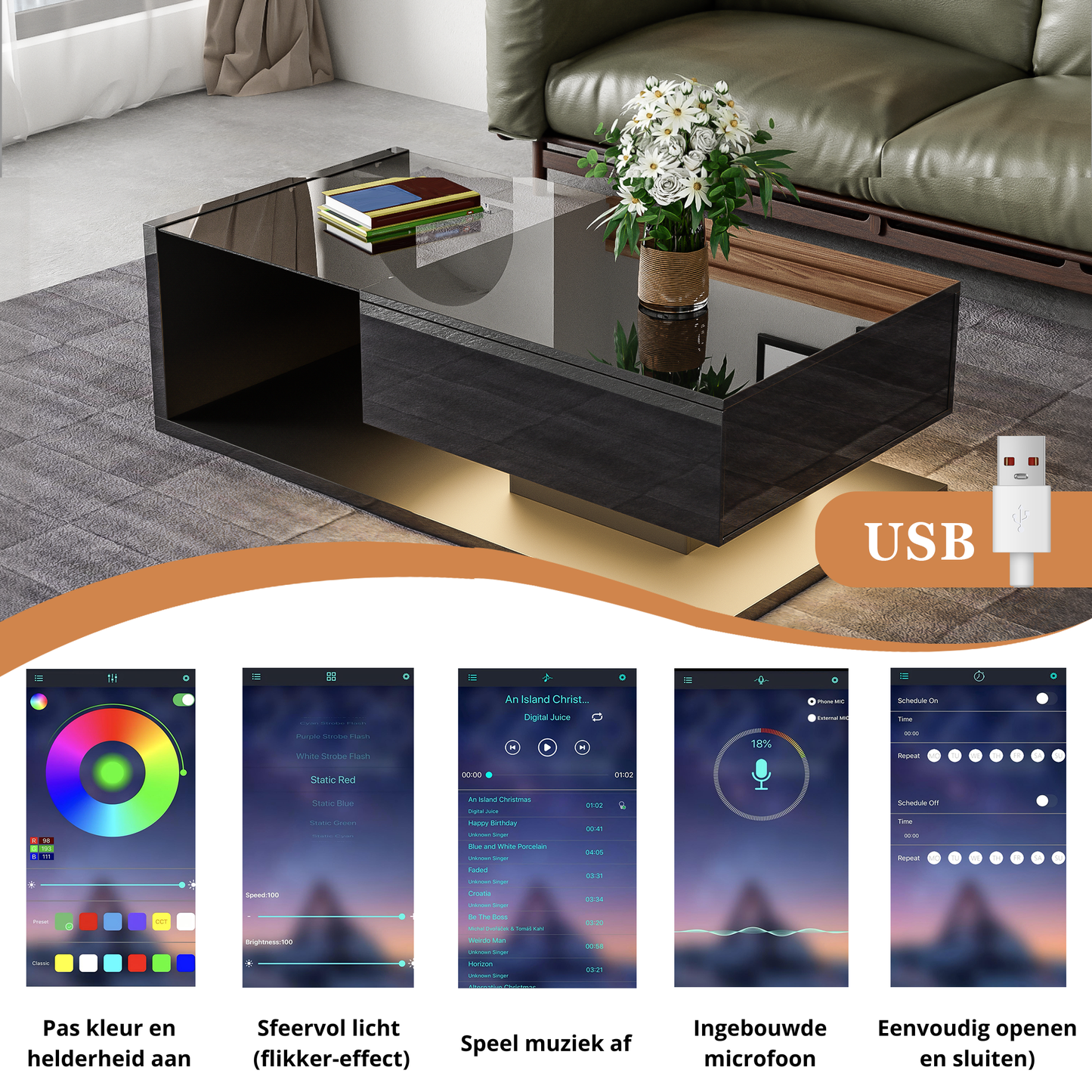 Moderne Salontafel met Geïntegreerde LED Verlichting en Glasplaat – Hoogglans & Stijlvol